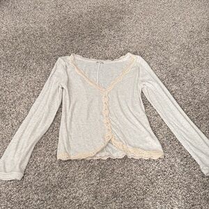 Free People Light Gray Lace-Trim Button-Front Tunic